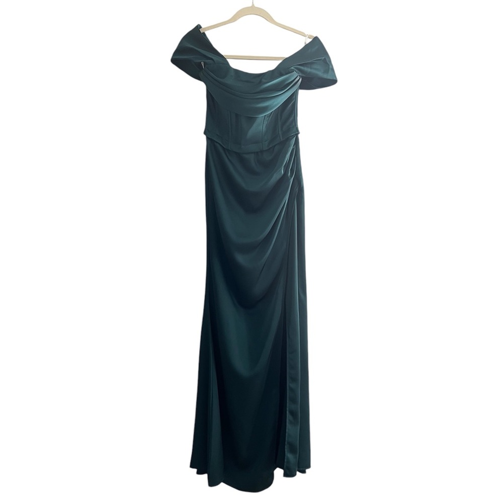 Kimberley Bottle Green Bardot Fishtail Satin Maxi Dress | Club L London | US 2 - Picture 9 of 13